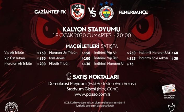 Gaziantep FK - Fenerbahçe maçı bilet satışları devam ediyor