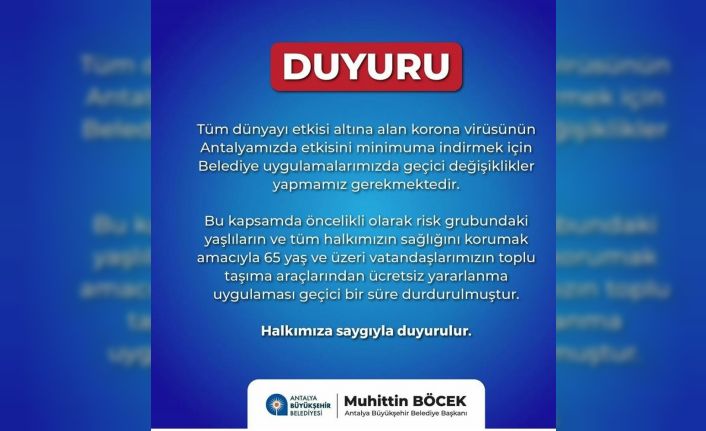 Antalya’da 65 yaş üstü ücretsiz ulaşım kartları geçici süreyle durduruldu