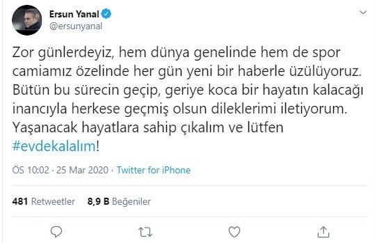 Ersun Yanal’dan ’evde kal’ çağrısı