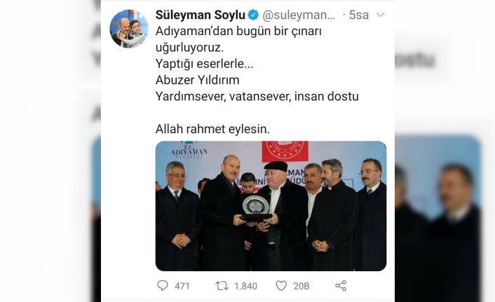 Bakan Soylu’dan Abuzer Yıldırım için başsağlığı mesajı