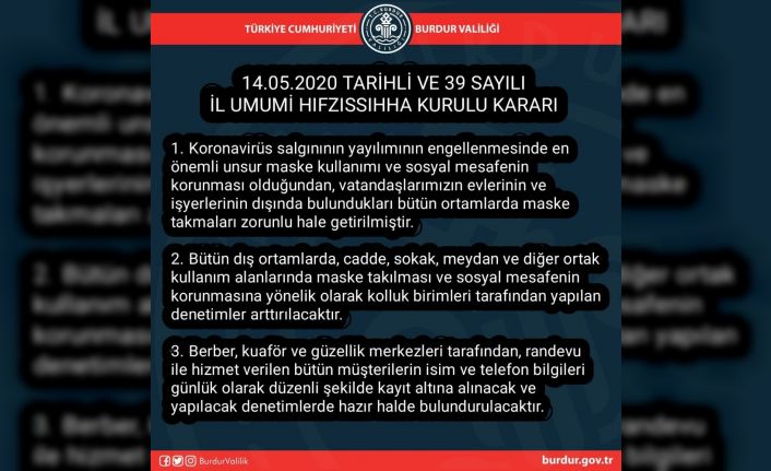 Burdur’da sokakta maske zorunluluğu getirildi