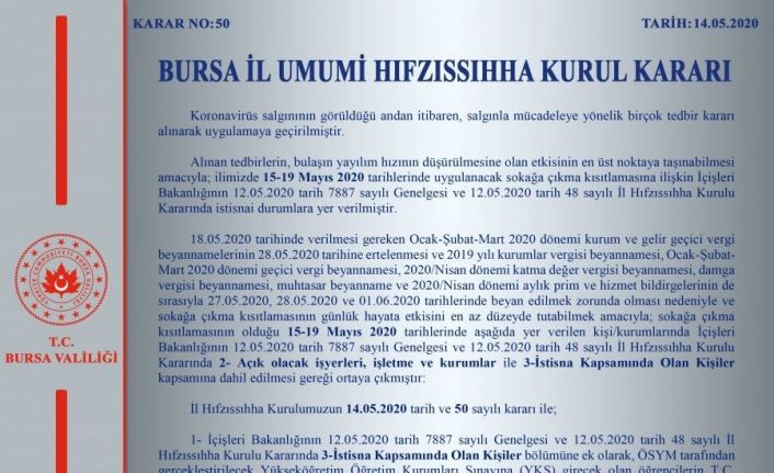 Bursa Valiliği’nden İl Hıfzıssıhha Kurul Kararı açıklaması