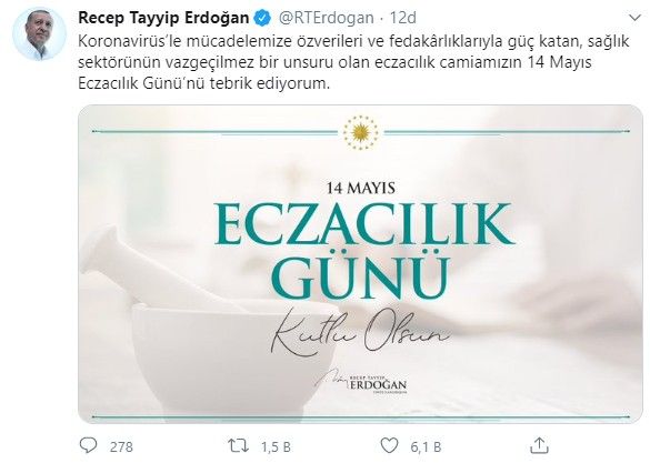 Cumhurbaşkanı Erdoğan, Eczacılık Günü’nü kutladı