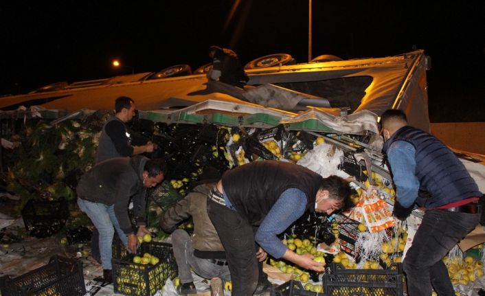 Tır devrildi meyveler saçıldı, yardıma hamallar koştu