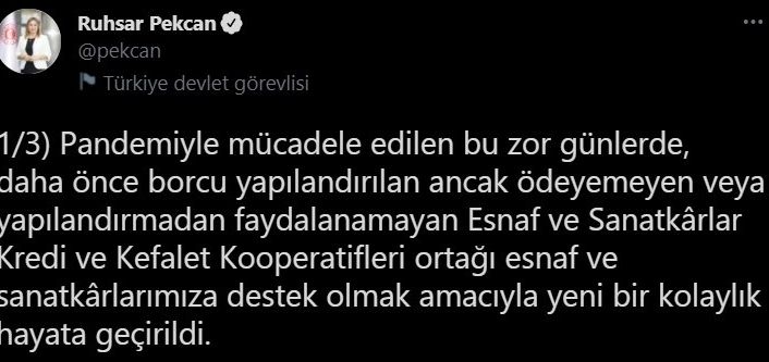 Bakan Pekcan, esnaf borçlarının yapılandırılmasına başlandığını duyurdu