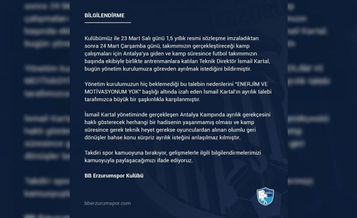 BB Erzurumspor’dan İsmail Kartal’ın istifası hakkında açıklama