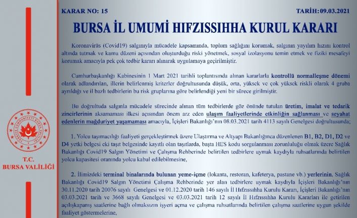 Bursa Valiliği’nden İl Hıfzıssıhha Kurul Kararı açıklaması