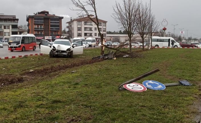 Refüje çıkan otomobil ağaçları parçalayarak durabildi