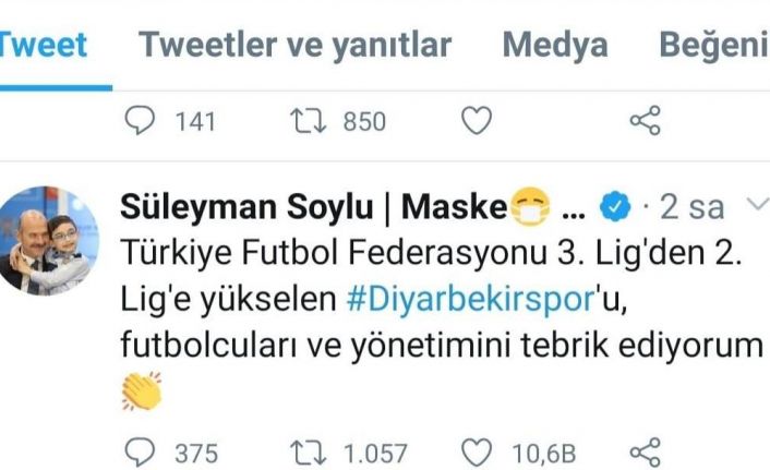 Bakan Soylu şampiyon Diyarbekirspor’u tebrik etti