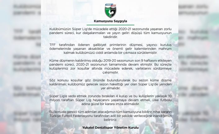 Denizlispor’dan ’küme düşme bu sezon kaldırılsın’ talebi