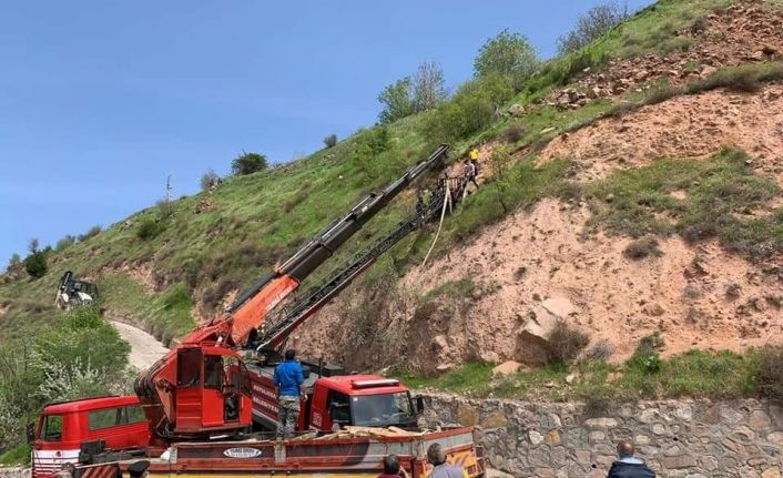 Yaylımdayken düşen inek mahsur kaldı, 4 saatlik çalışma ile kurtarıldı