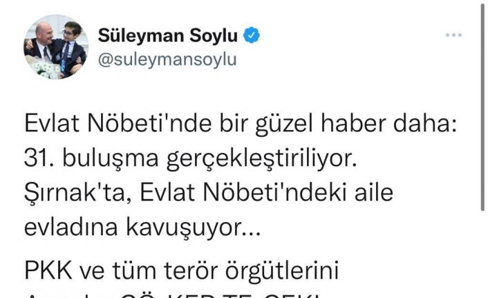 Bakan Soylu: “Şırnak’ta evlat nöbetindeki aile evladına kavuşuyor”