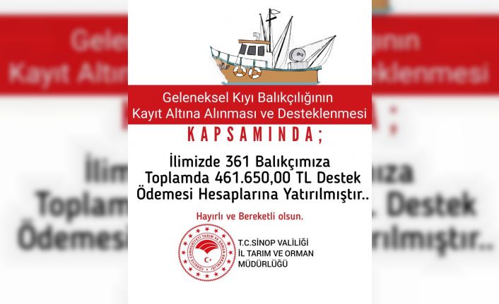 Sinop’ta 361 balıkçıya 461 bin 650 TL destek ödemesi