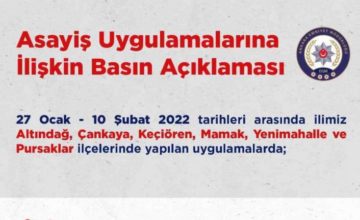 Ankara’da 2 haftalık asayiş uygulamalarında 344 kişi tutuklandı