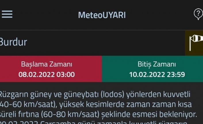 Meteoroloji Burdur için sarı uyarı ile fırtına beklendiğini açıkladı