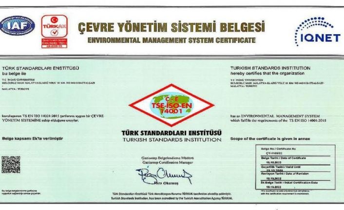 İnönü Üniversitesi’ne Çevre Yönetim Sistemi belgesi