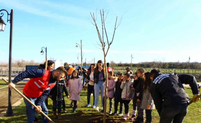 Üniversite öğrencileri, miniklerle birlikte fidan dikti