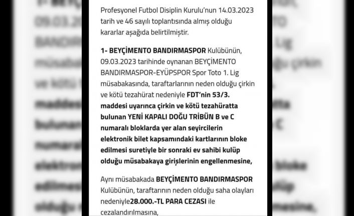 Bandırmaspor’a kötü tezahürat cezası