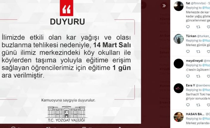 Yozgat’ta öğrencilerin ’kar tatili’ mesajları gülümsetti