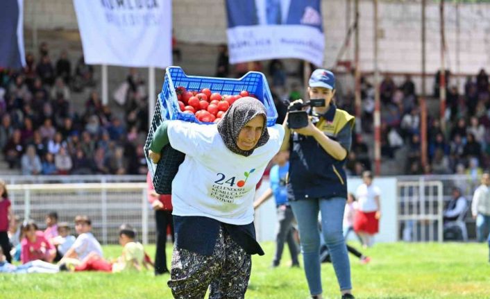 Kasalarla domatesi sırtlarında 40 metre taşıyıp finiş çizgisine ulaştılar