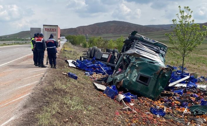 Sebze ve meyve yüklü tır devrildi, sürücü yaralandı