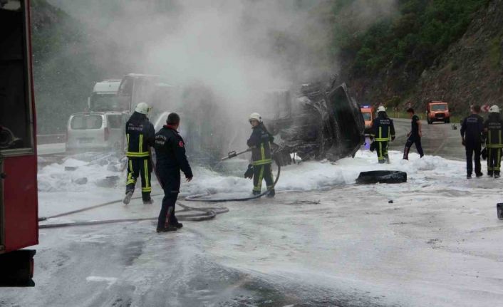 Freni boşalan kimyasal yüklü tır alev alev yandı, faciadan dönüldü