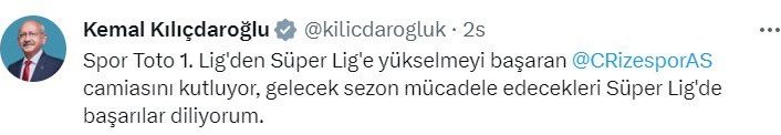 Kılıçdaroğlu, Süper Lig’e çıkan Rizespor’u kutladı