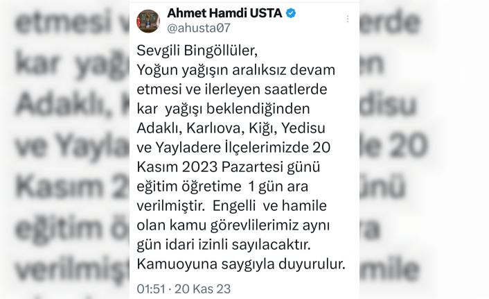 Bingöl’ün 5 ilçesinde okullar tatil edildi