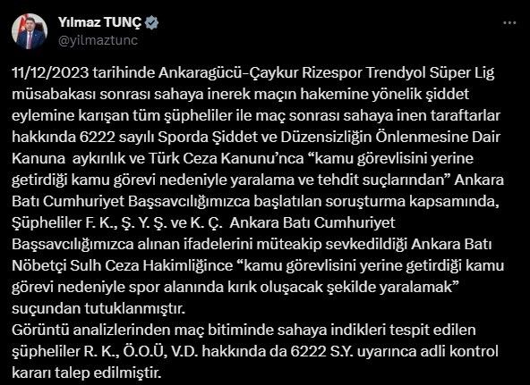 Bakan Tunç, Ankaragücü Başkanı Koca ve 2 kişinin tutuklandığını duyurdu