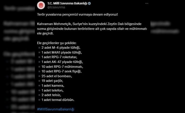 Zeytin Dalı bölgesinde çok sayıda silah ve mühimmat ele geçirildi