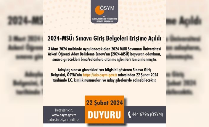 2024-MSÜ sınava giriş belgeleri erişime açıldı