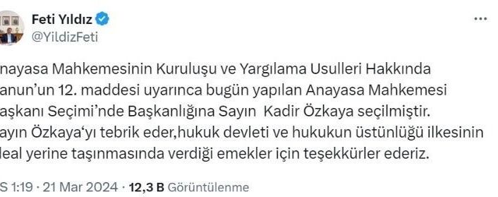 MHP Genel Başkan Yardımcısı Yıldız’dan AYM Başkanı Özkaya’ya tebrik