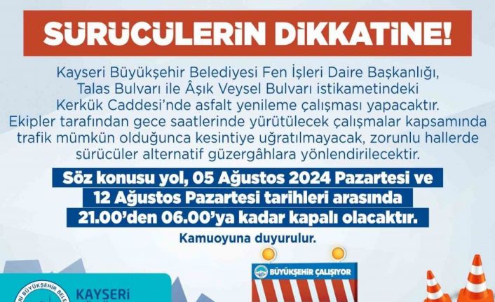 Kerkük caddesinde asfalt yenileme çalışması yapılacak