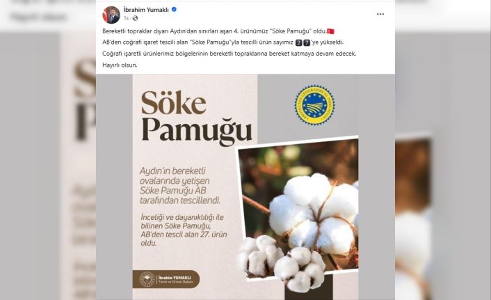 Bakan Yumaklı’dan Söke Pamuğu paylaşımı