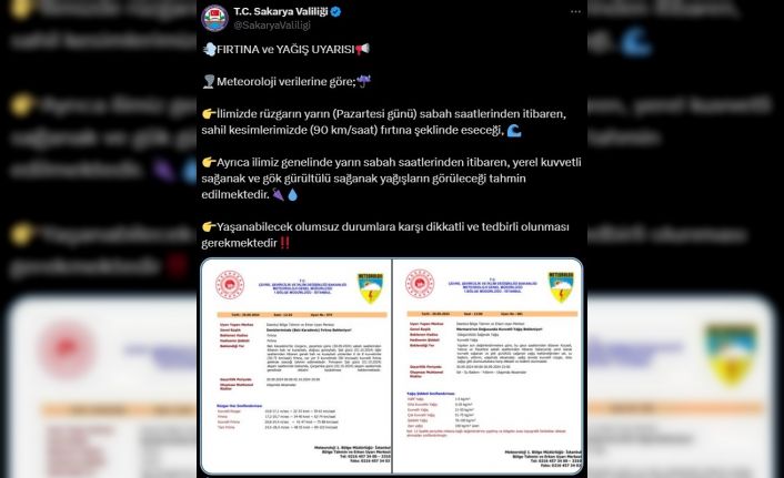 Sakarya’da fırtına ve sağanak yağış uyarısı