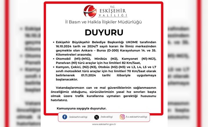 Eskişehir’den geçen Ankara-Bursa karayolundaki hız limiti düşürüldü