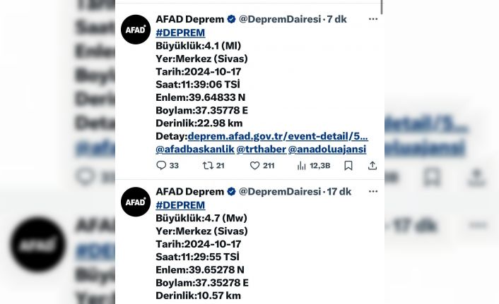 Sivas’ta on dakika arayla iki deprem