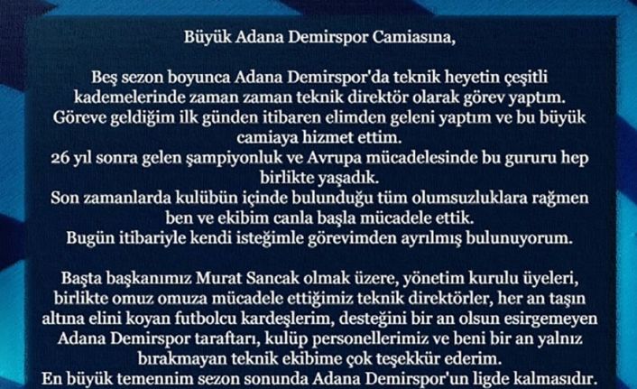 Adana Demirspor’da Serkan Damla dönemi sona erdi