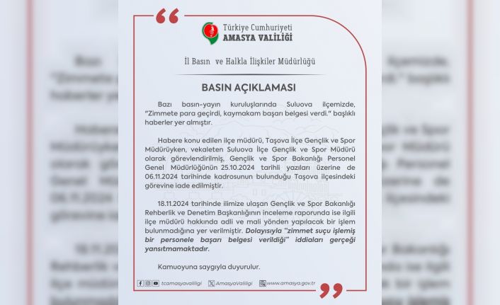 Amasya Valiliği’nden ’zimmet’ açıklaması