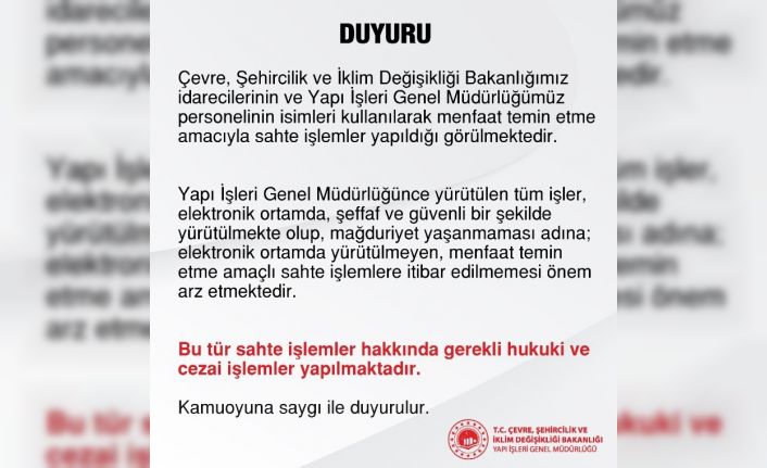 Çevre, Şehircilik ve İklim Değişikliği Bakanlığından dolandırıcılık uyarısı