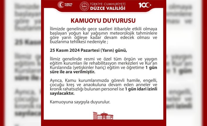 Düzce’de eğitime kar engeli