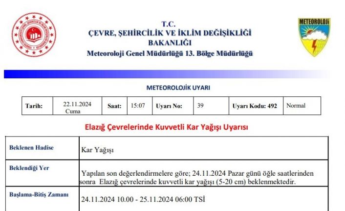 Meteorolojiden Elazığ için ’yoğun kar yağışı’ uyarısı