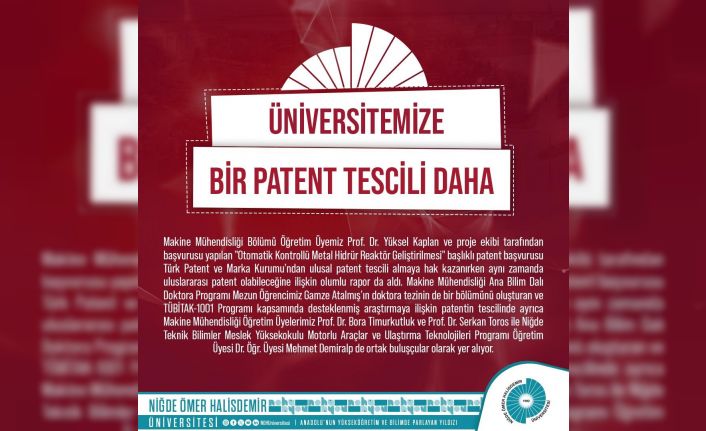 NÖHÜ’ye bir ulusal patent tescili daha