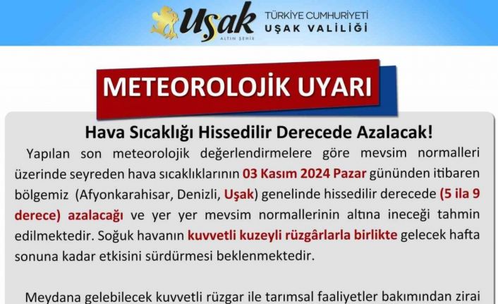 Uşak Valiliği uyardı, hava sıcaklıkları düşüyor