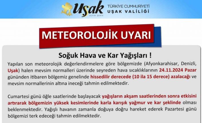 Uşak Valiliğinden soğuk hava ve kar yağışı uyarısı