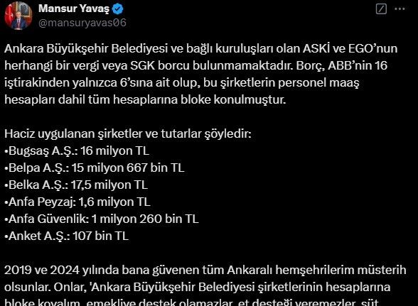 Ankara Büyükşehir Belediye Başkanı Yavaş’tan ’hesaplara bloke’ açıklaması