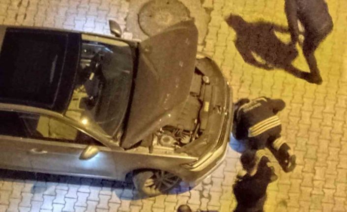 Araç motoruna sıkışan kedi kurtarıldı