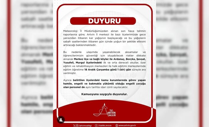 Artvin’de 6 ilçede okullara kar tatili