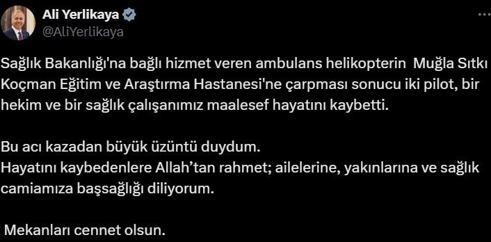 Bakanlar’dan helikopter kazasında vefat edenlere rahmet mesajı