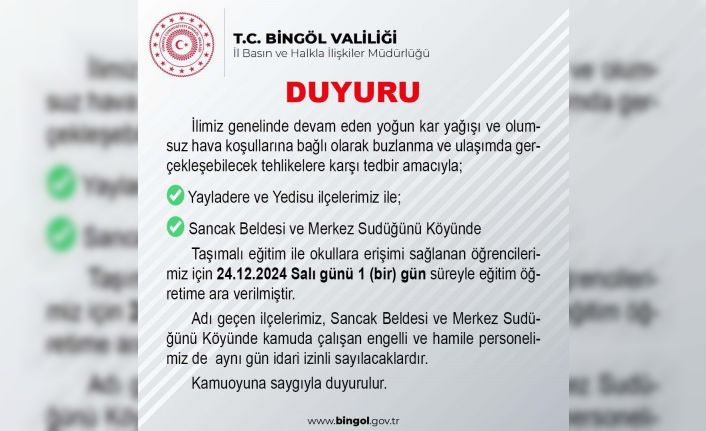 Bingöl’ün iki ilçesinde taşımalı eğitime 1 gün ara